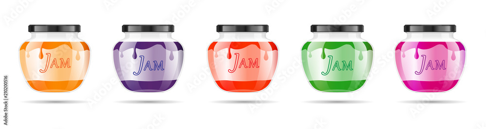 Realistic transparent glass jar with jam, confiture or sauce. Preserving packaging set. Label and logo for jam. Mock up jar with design label or badges. Vector illustrations. Realistic transparent glass jar with jam, confiture or sauce. Preserving packaging set. Label and logo for jam. Mock up jar with design label or badges. Vector illustrations.