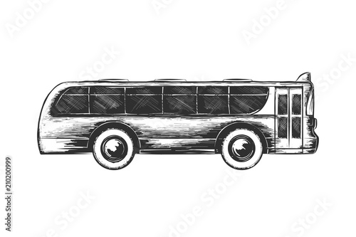 Vector engraved style illustration for posters, decoration and print. Hand drawn sketch of tourist bus in monochrome isolated on white background. Detailed vintage woodcut style drawing.