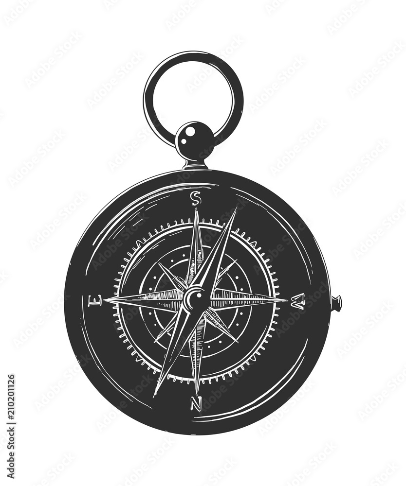 Vector engraved style illustration for posters, decoration and print. Hand drawn sketch of compass in monochrome isolated on white background. Detailed vintage woodcut style drawing.