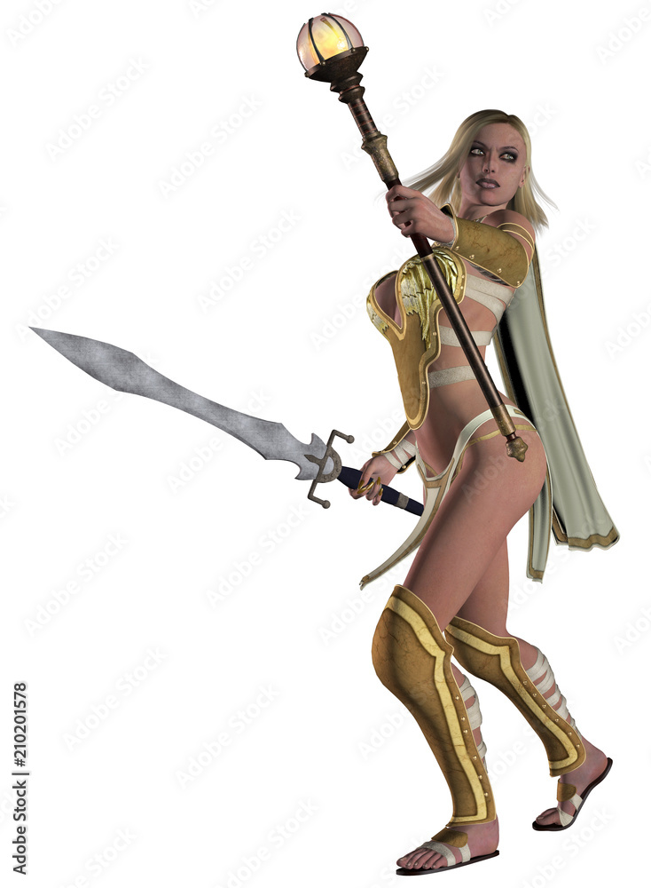 Fantasy warrior girl, golden dress, armed with sword, 3d illustration Fantasy warrior girl, golden dress, armed with sword, 3d illustration