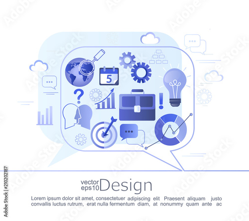 Creative infographic concept of business consulting. Various signs and symbols characterizing the course of a business project. Vector illustration.