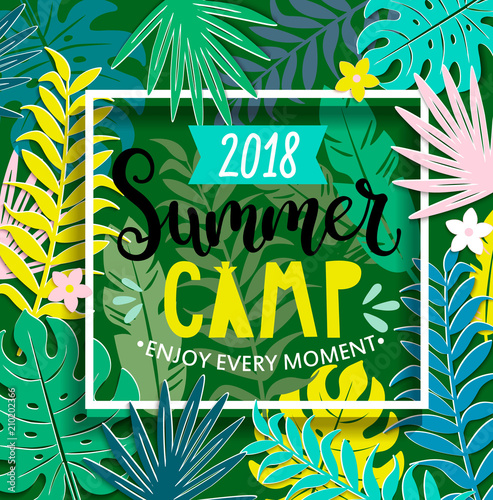 Summer camp 2018 with handdrawn lettering in square frame on jungle background with tropical leaves. Vector illustration.