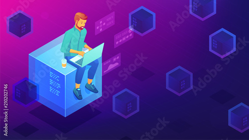 Isometric blockchain technology development concept. Blockchain developer sitting on mining block and coding the smart contract application. Vector 3D isometric illustration on ultraviolet background.