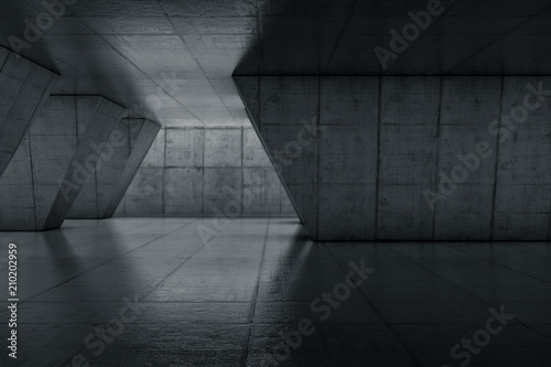 Abstract Empty space with dark wall. Modern blank showroom with floor. Future concept. 3d rendering.