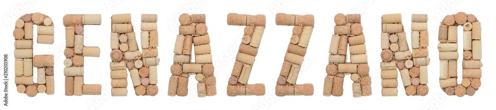 Word Genazzano made of wine corks Isolated on white background