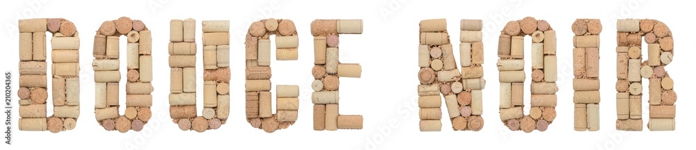 Word Douce noir made of wine corks Isolated on white background