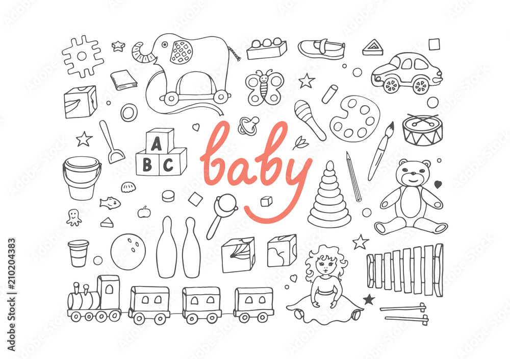 Set of sketches from different toys on white background. Hand drawn baby vector illustration. Set of sketches from different toys on white background. Hand drawn baby vector illustration.