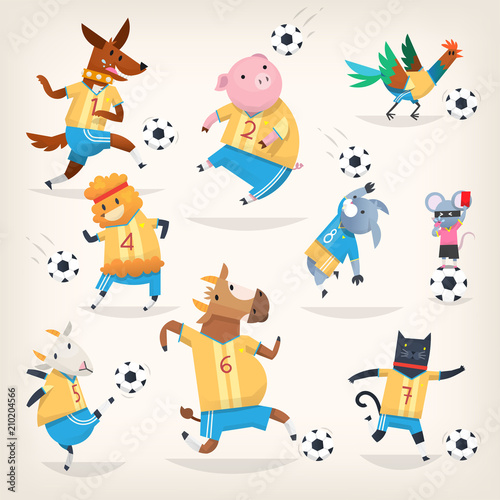 Cute farm animals team playing soccer on different positions. First team