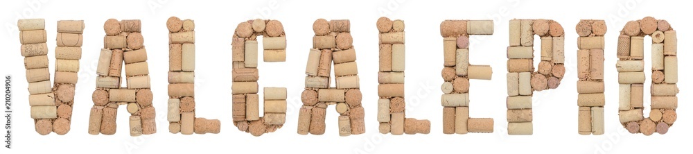 Word Valcalepio made of wine corks Isolated on white background