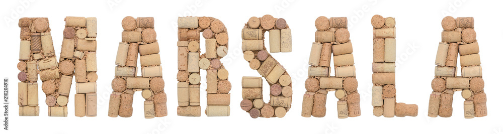 Word Marsala made of wine corks Isolated on white background