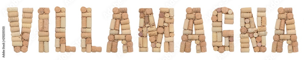 Word Villamagna made of wine corks Isolated on white background