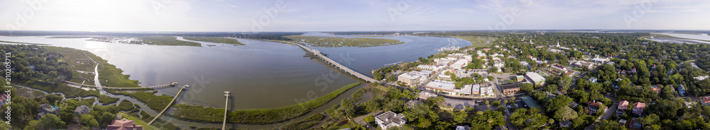 Aerial 360 degree panorama of Beaufort, South Carolina historic district,