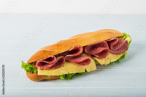 Fresh submarine sandwich with ham, cheese, tomatoes, cucumbers, lettuce and onions isolated on white background