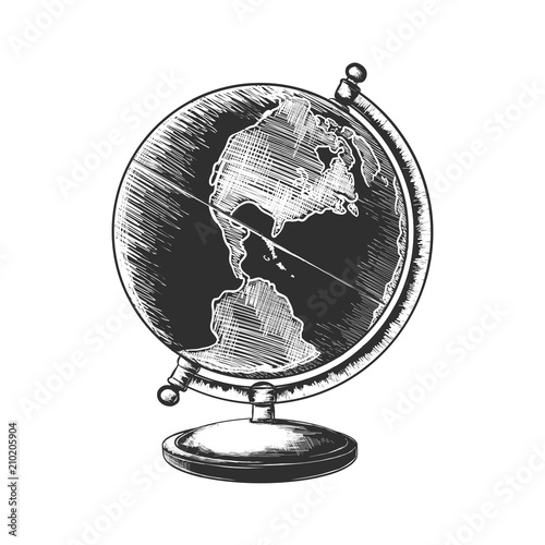 Vector engraved style illustration for posters, decoration and print. Hand drawn sketch of globe in monochrome isolated on white background. Detailed vintage woodcut style drawing.