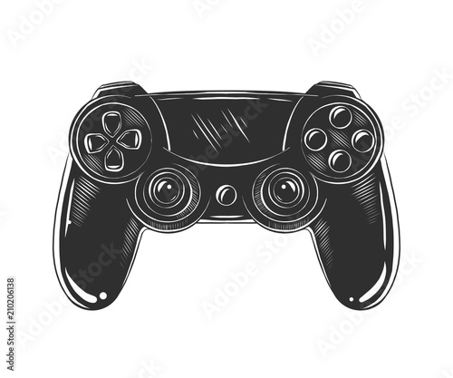 Vector engraved style illustration for posters, decoration and print. Hand drawn sketch of joystick in monochrome isolated on white background. Detailed vintage woodcut style drawing.