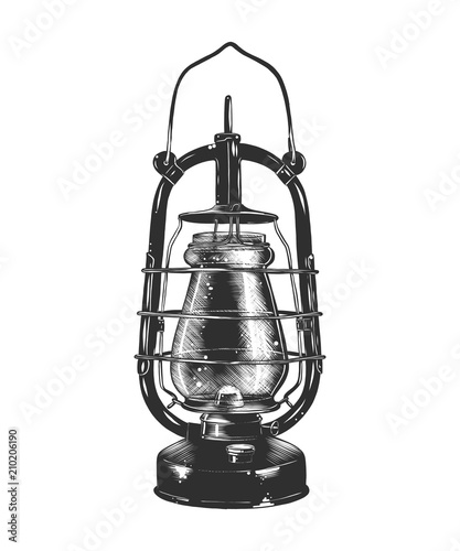 Vector engraved style illustration for posters, decoration and print. Hand drawn sketch of kerosene lamp in monochrome isolated on white background. Detailed vintage woodcut style drawing.