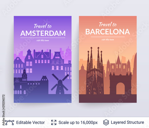 Amsterdam and Barcelona famous city scapes.