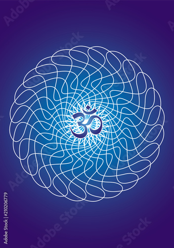 Mandala with the aum / ohm / om sign in blue tones. Circular pattern, spiritual symbol. Vector picture.