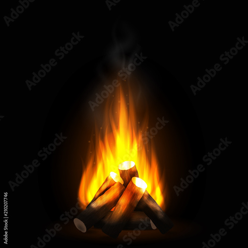 Realistic burning bonfire with wood. Blazing campfire, firewood and smoke. Bright flame. Design element for camping concept. Vector illustration on dark background.