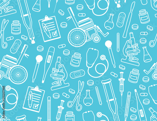 Medical seamless pattern. Flat style. isolated on blue background 
