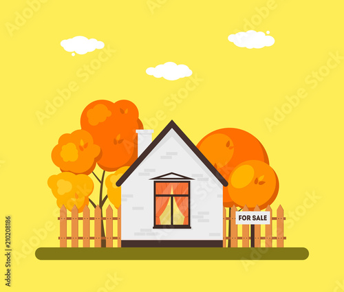 Autumn landscape with wooden house exterior, orange deciduous leaves and tree. Building for sale. Cottage real estate. Flat design style. Season background. Vector illustration isolated on white.