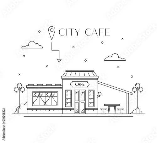Cafe building facade flat line design. City architecture. Public catering and place for rest. Hospitality service industry concept. Vector illustration isolated on white. photo