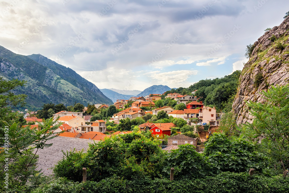 View to the old city Kotor and mountains on Adriatic sea coastline in Montenegro, gorgeous nature landscape
