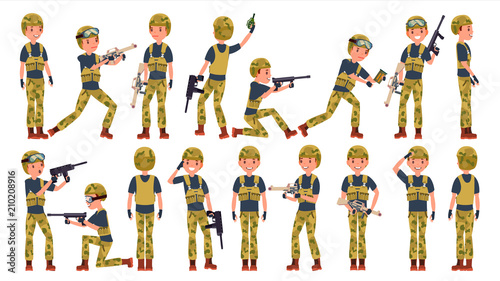 Soldier Male Vector. Different Poses. Military People In Action. Camouflage Uniform. Army. Cartoon Character Illustration