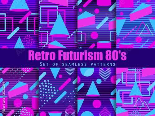 Retro futurism seamless pattern set. Geometric elements memphis in the style of 80's. Synthwave retro background. Retrowave. Vector illustration