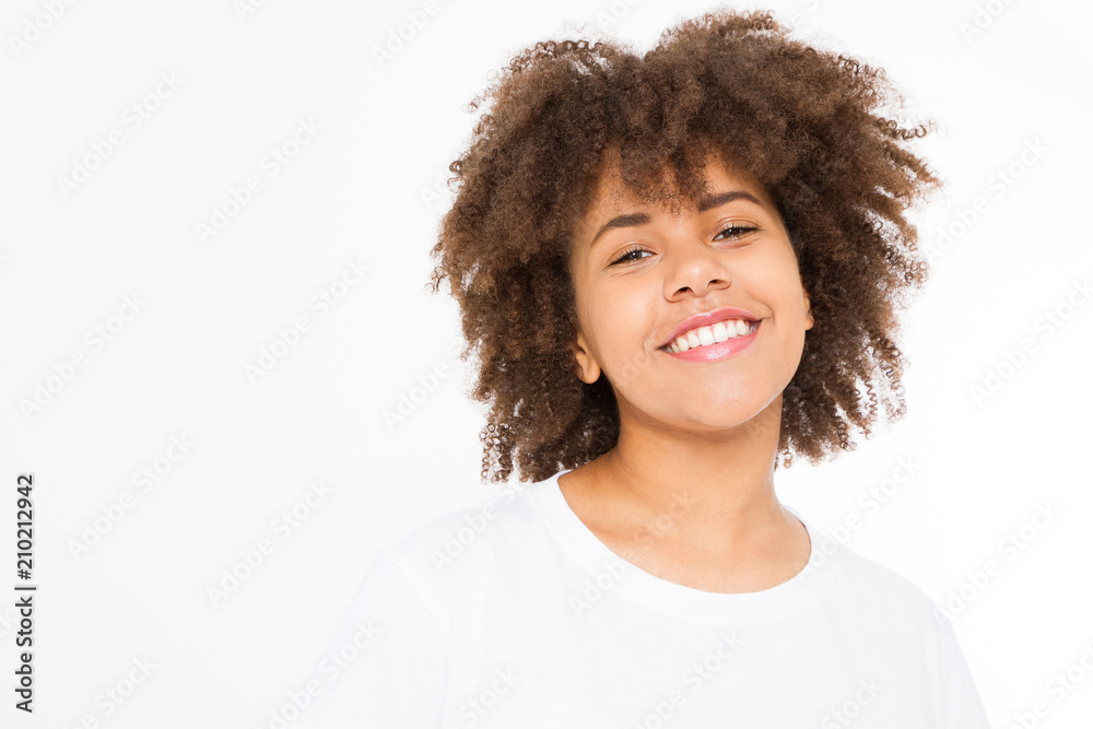 Summer fun time. Portrait of young beautiful brunette dark skinned woman with curly hair isolated on white background. Girl smile with perfect healthy teeth. Copy space. Mock up. Summer fun time. Portrait of young beautiful brunette dark skinned woman with curly hair isolated on white background. Girl smile with perfect healthy teeth. Copy space. Mock up.