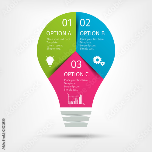 Modern colorful light bulb infographics. Business startup idea lamp concept with 3 options, parts, steps or processes. Template for presentation, chart, graph. Vector illustration.