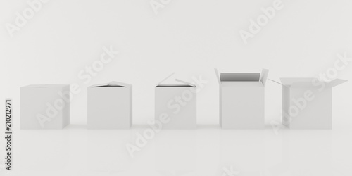 Closeup of many opening sequence box isolated on white background, 3D rendering.