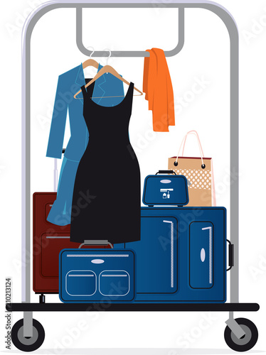 Hotel baggage cart with luggage and clothing on it, EPS 8 vector illustration