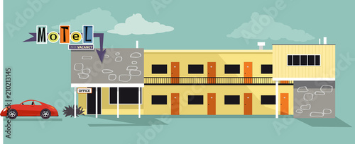 Retro style architecture motel with a vintage car up front, EPS 8 vector illustration
