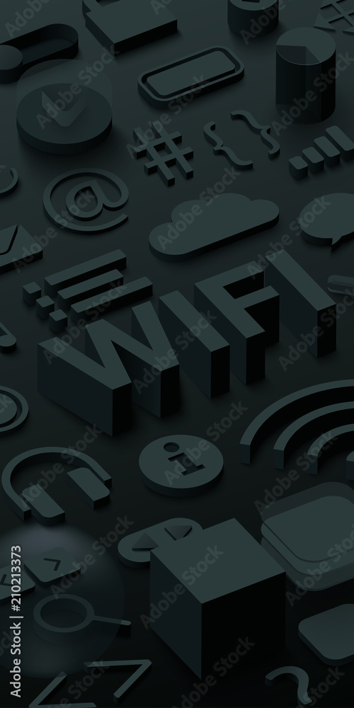 Black 3d wifi background with web symbols.