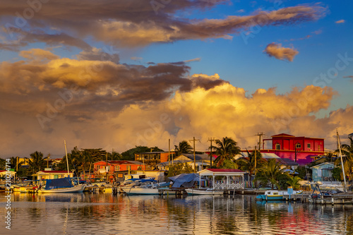 Belize. Sunset on San Pedro Town, Ambergris Caye Island photo
