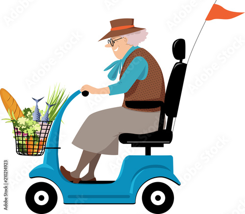 Elderly woman doing grocery shopping on a mobility scooter, EPS 8 vector illustration