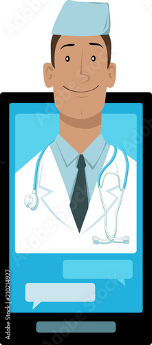 Doctor coming out of a smart-phone screen, chatting with a patient, EPS 8 vector illustration