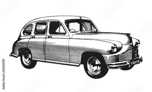 Obraz na plátně Retro Car, Classic black and white illustration of vintage auto, old poster styl
