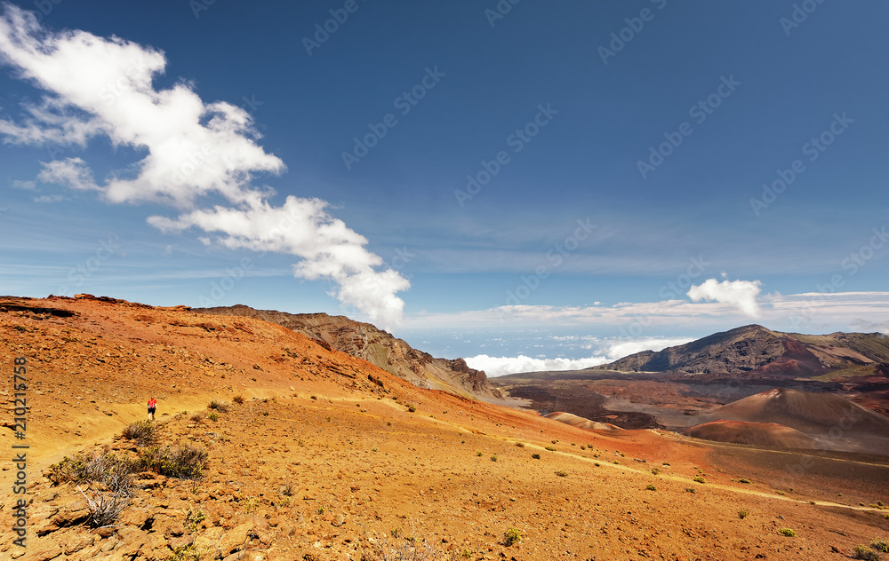 Wide volcanic landscape with lava fields in different colors, ocher shades, reds, person as size comparison, cloud formation - Location: Hawaii, Island Maui, volcano Wide volcanic landscape with lava fields in different colors, ocher shades, reds, person as size comparison, cloud formation - Location: Hawaii, Island Maui, volcano