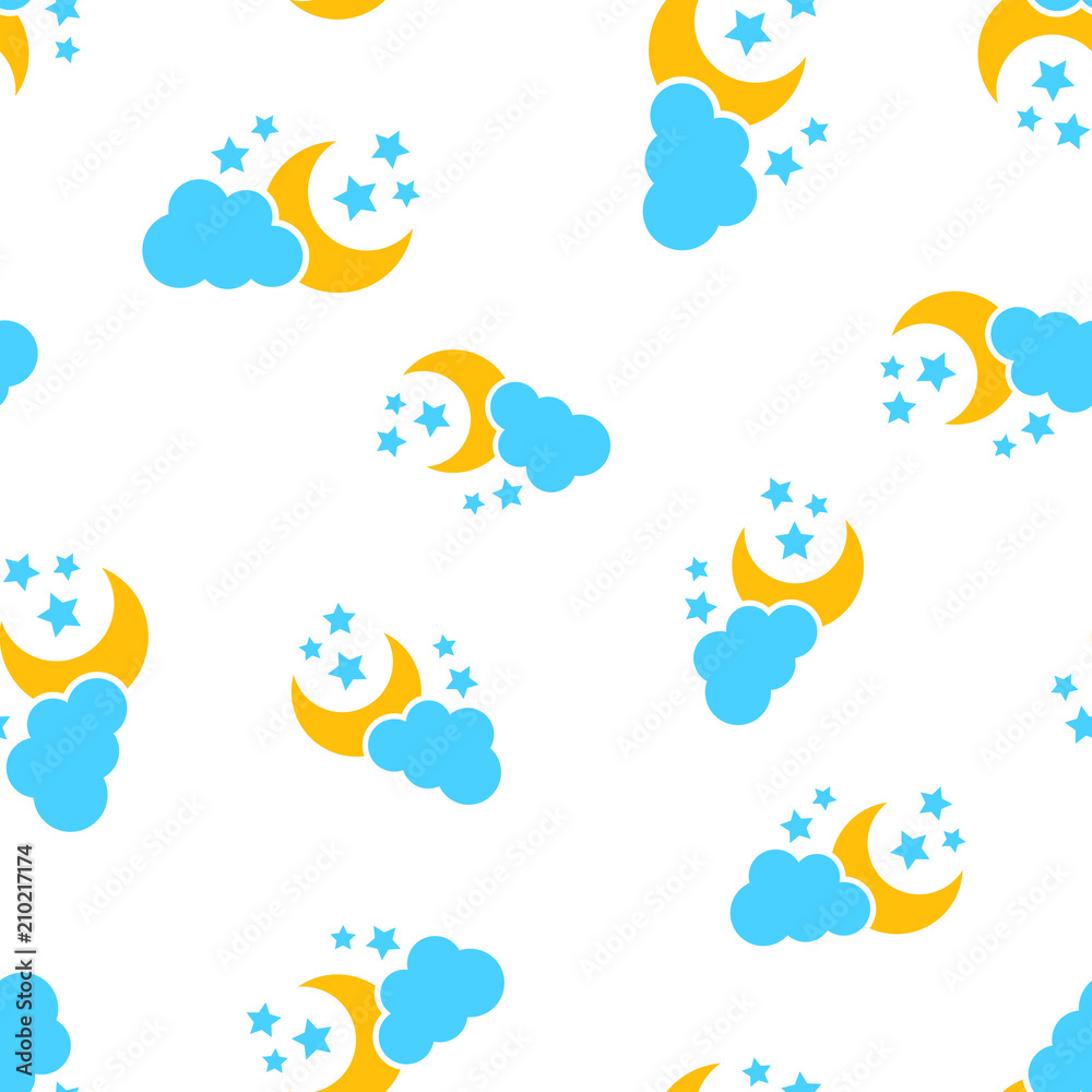 Moon and stars with clods icon seamless pattern background. Business concept vector illustration. Cloud, moon nighttime symbol pattern.