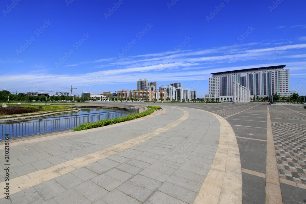Wide water surface and high rise buildings