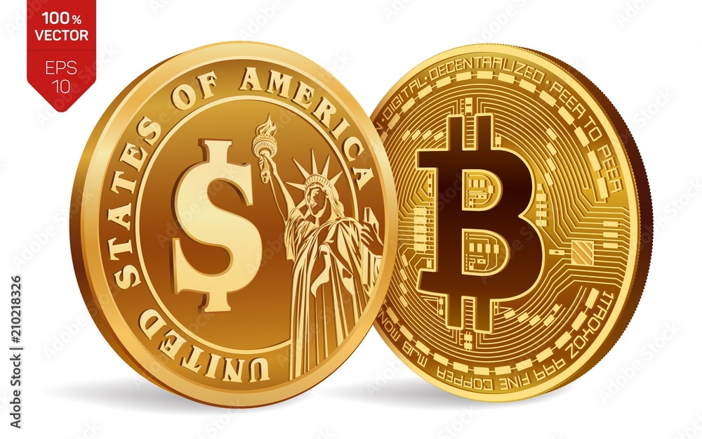 Bitcoin. Dollar coin. 3D isometric Physical coins. Digital currency. Cryptocurrency. Golden coins with Bitcoin and Dollar symbol isolated on white background. Vector illustration. Bitcoin. Dollar coin. 3D isometric Physical coins. Digital currency. Cryptocurrency. Golden coins with Bitcoin and Dollar symbol isolated on white background. Vector illustration.