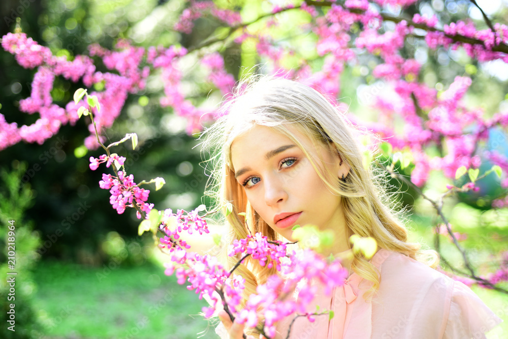 Womens day with girl in pink cherry blossom. Sakura flower beauty in nature. Sensual woman at blossoming sakura flower in spring. Skincare and summer concept. Spring woman in cherry flower bloom