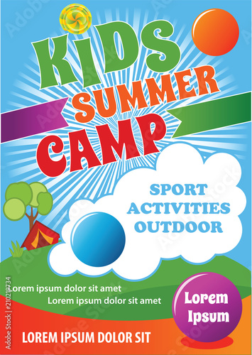Kid Camping Flyer, Kid Summer Camp Template, Summer Fest advert, kid touristic vector background