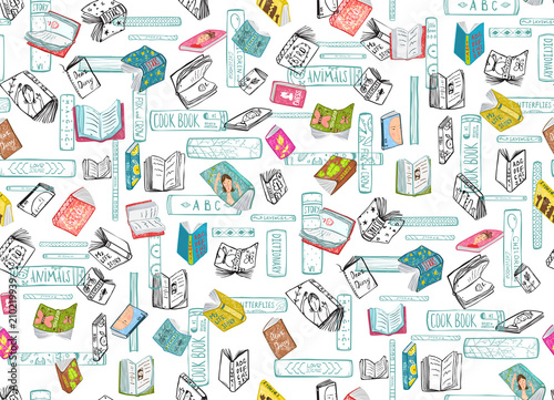 Library books background on transparent. Vector seamless pattern.