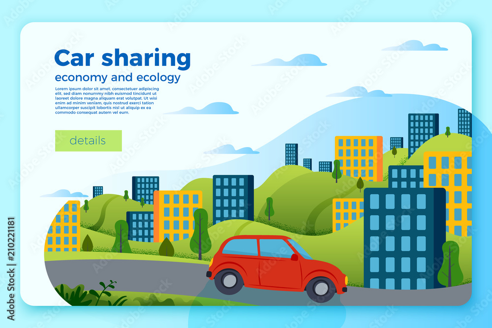 Vector bright car share ride banner template. City and green hills on a bright blue background.