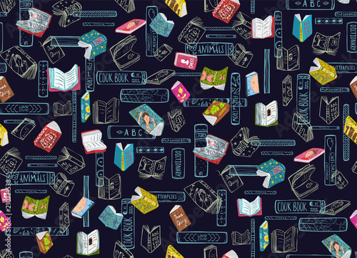 Bookworm dense and tight background with books. Vector illustration.