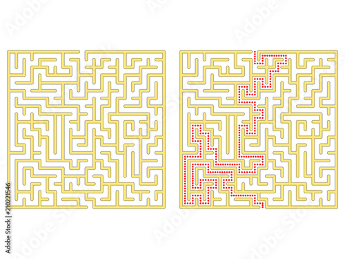 Maze in square. Labyrinth with solution. Maze symbol. Isolated on white background