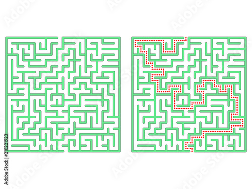 Maze in square. Labyrinth with solution. Maze symbol. Isolated on white background